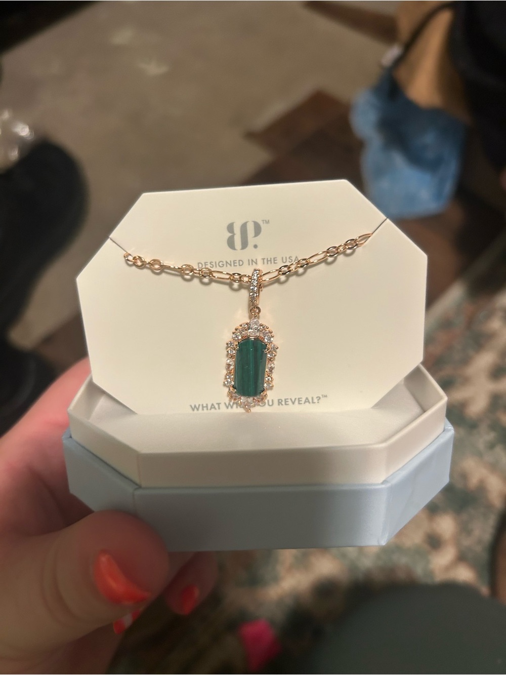 Gold-Tone Necklace with Green Crystal Pendant by 8P